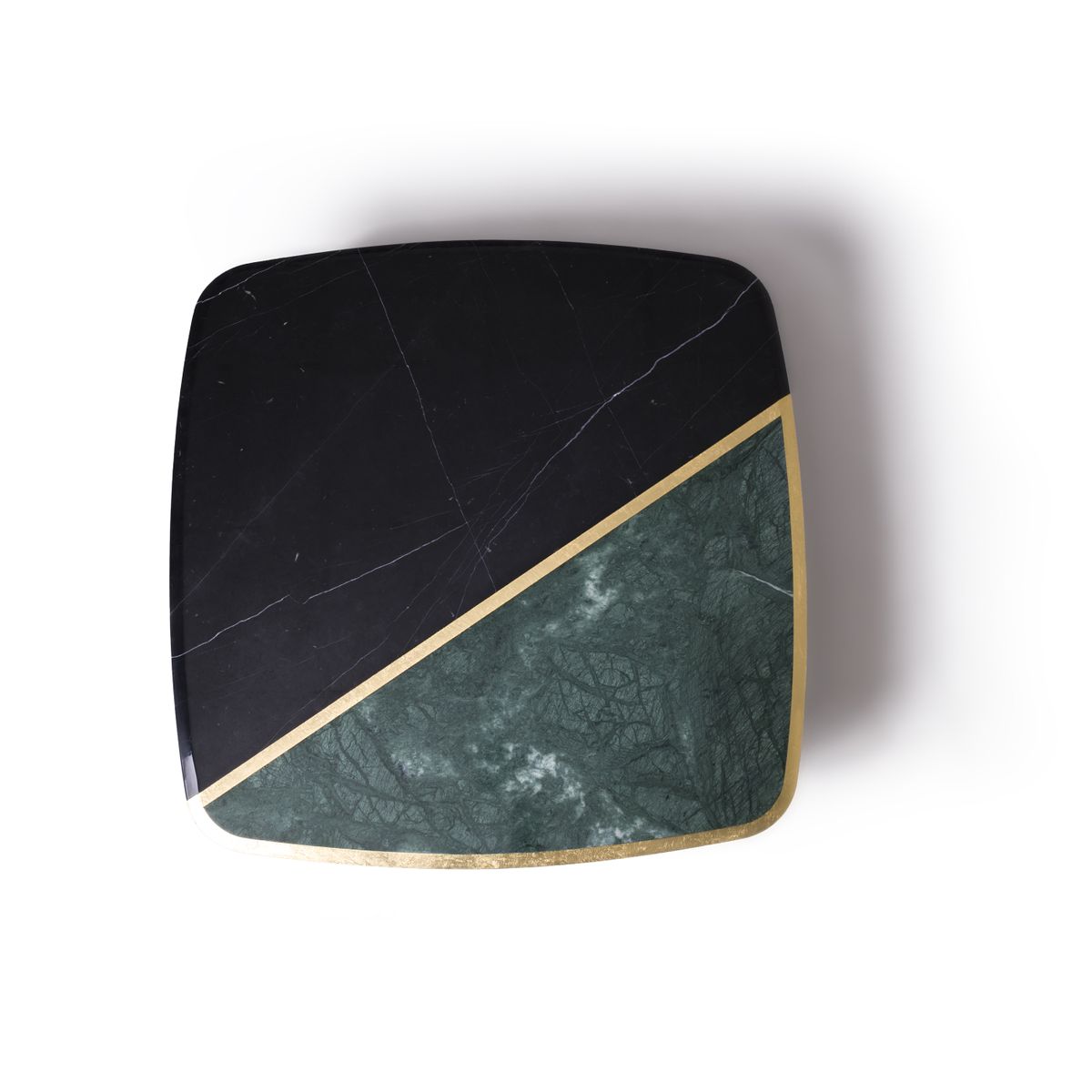 Designer Couchtisch Distortion |Nero Marquina, Verde Guatemala und Blattgold |von Alex Mint